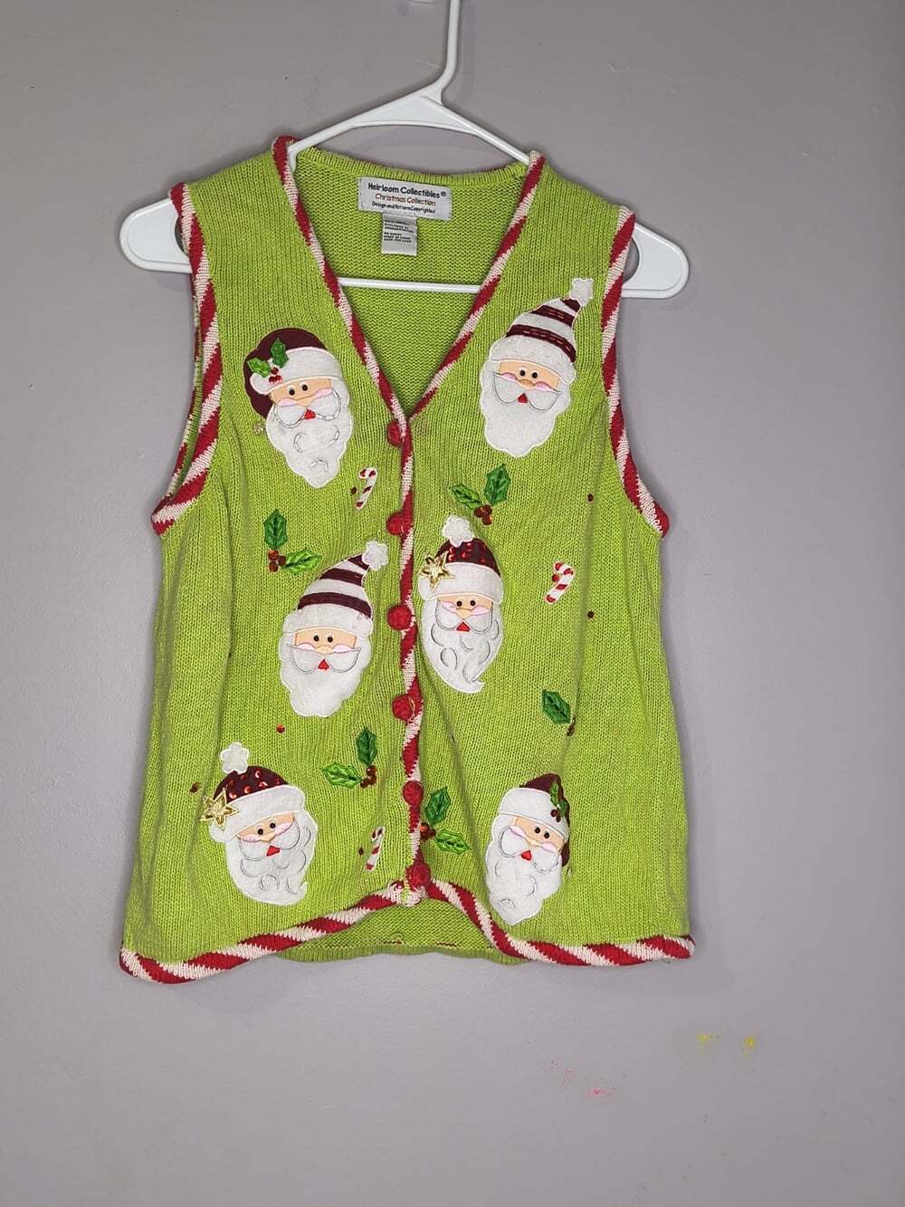 Vtg Heirloom Ugly Christmas Sweater Vest Knit Green Santa Size Medium